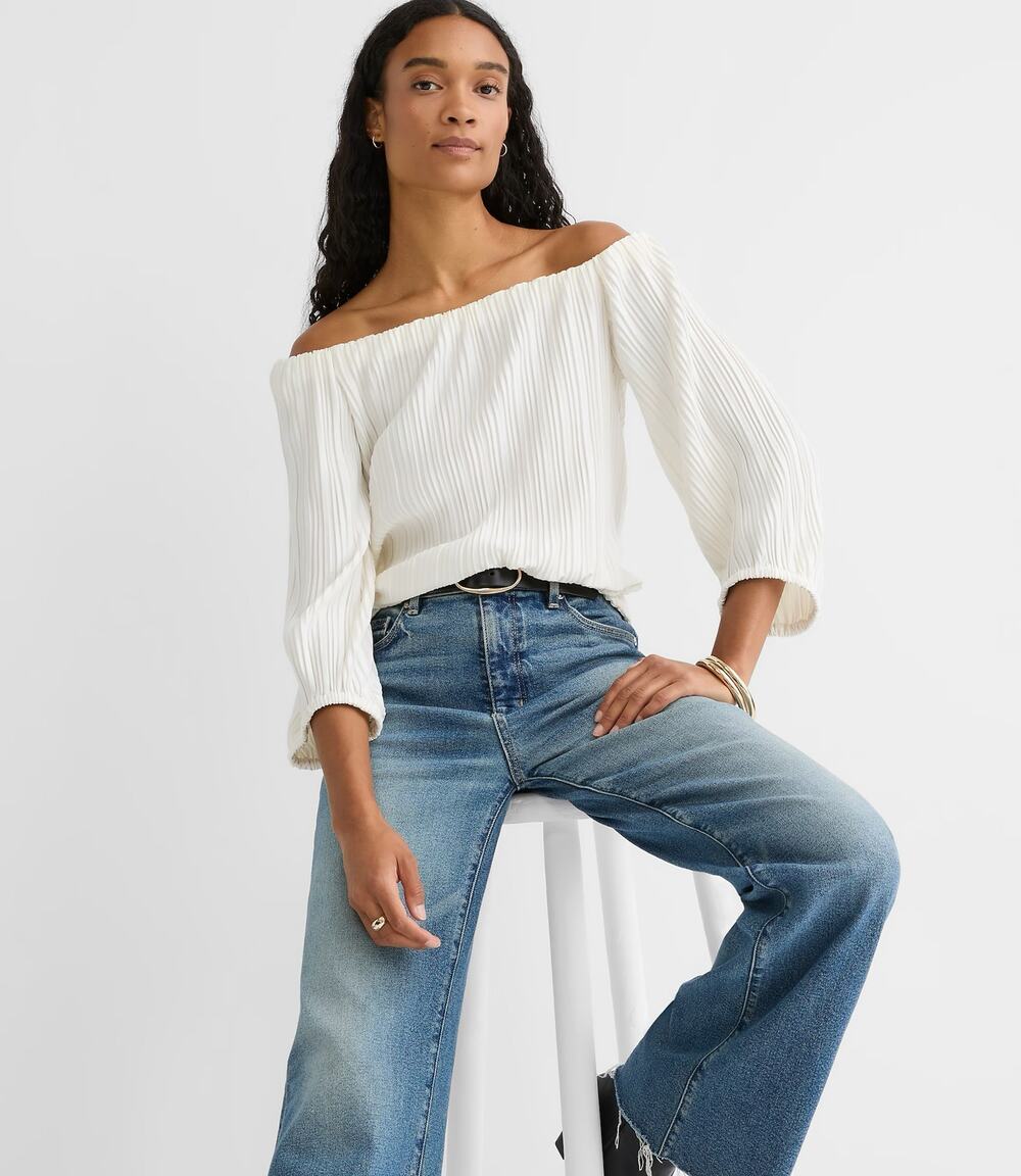 NWT LOFT Pleated Off Shoulder Blouse Whisper White Long Sleeve Top Size L